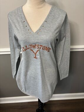 Yellowstone V-Neck Sequin Logo Long Sleeve Top - Light Gray